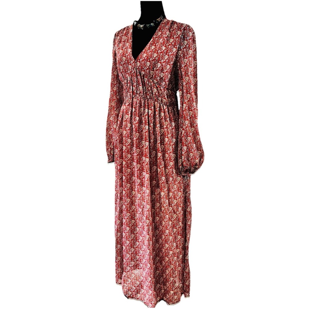 New Umgee Terracotta Floral Maxi Dress Metallic Lined Slit Ruched Size Small NWT